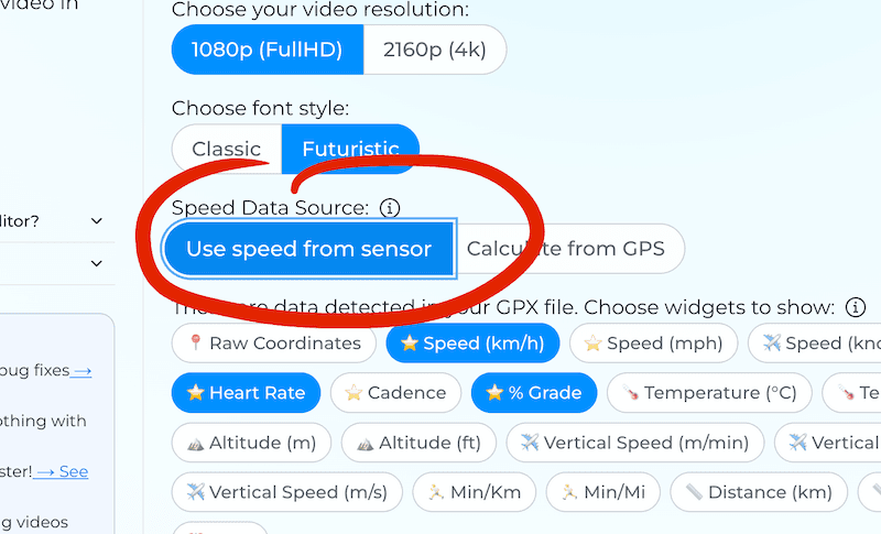 Speed sensor option in GpxOverlay interface